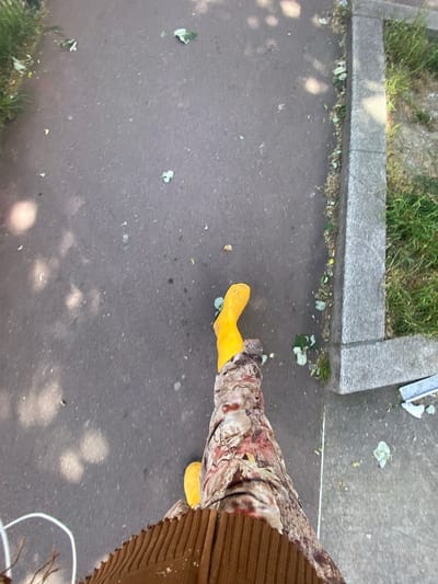 A high-angle shot shows a portion of an asphalt sidewalk in Le Pré-Saint-Gervais, France. A person wearing yellow rain boots, camouflage-patterned pants, and a brown fringed jacket stands on the sidewalk. The edge of a concrete planter with grass growing in it is visible on the left side of the frame. The sidewalk has scattered leaves and some debris. Shadow patterns are cast on the asphalt.