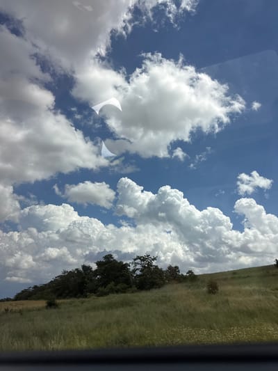 The image depicts a bright, cloudy sky with a landscape of green fields and trees. The sky takes up a significant portion of the frame, filled with fluffy white cumulus clouds against a vivid blue backdrop. There are two distinct reflections on what appears to be a window or glass surface, one of which is a bright, crescent-shaped white reflection.
The landscape on the right side of the image is a rolling green field, appearing slightly dry and tall with scattered lighter-colored vegetation, possibly wildflowers. A line of dark green trees borders the field, suggesting a wooded area or forest edge. The lighting indicates it is daytime, with the sun casting bright light on the clouds and landscape. The weather appears to be fair, with dramatic cloud formations suggesting potential for passing showers or just a dynamic sky.
The image is oriented sideways, with the landscape running diagonally from the bottom left to the top right. A dark, out-of-focus object, likely part of a vehicle or frame, is visible along the right edge of the image. No people or specific objects are clearly identifiable, beyond the natural elements of the sky and landscape. The overall mood is serene and expansive, capturing a moment of natural beauty. There is no visible text in the image.