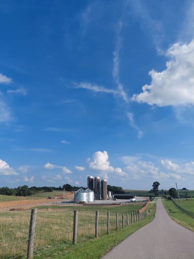 An overcast sky with scattered white clouds hangs above a rural landscape. A gray asphalt road curves into the distance, bordered by a green pasture on the left and a fenced-in field on the right. The field on the left contains a collection of farm buildings, including a large silver silo and three tall, dark silos. A dirt road leads to the farm, where construction appears to be underway. Beyond the farm, a line of trees forms the horizon. The image depicts a scene in Salvisa, Kentucky, United States.