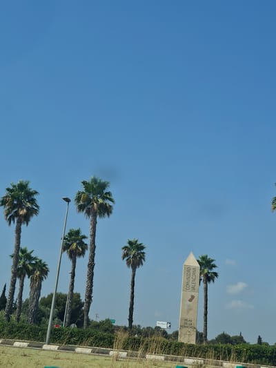 The image shows a bright, sunny day with a clear blue sky above. A row of tall palm trees stands against the sky on the right side of the frame. In the foreground, a beige, obelisk-shaped monument is visible, inscribed with text that reads "COMUNIDAD VALENCIANA" and "PILAR DE LA HORADADA". The monument appears to be situated in an outdoor area with dense green bushes and vegetation. To the left of the monument, a street lamp is positioned between two palm trees. A sign for "Dos Mares" is also faintly visible behind the monument. The overall scene suggests an exterior location in the town of Pilar de la Horadada, Spain, likely a roadside or public area.