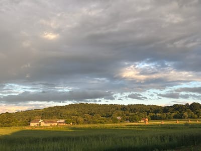 This is a landscape photograph taken in the city of Hanniv, Ukraine. The image depicts a rural scene with a field of green crops in the foreground. In the middle ground, several farm buildings are visible, including houses and barns. Behind the farm buildings, a dense forest covers a rolling hill. The sky is filled with dramatic clouds, with patches of sunlight breaking through, indicating either sunrise or sunset. The lighting suggests a warm, golden hour. There are no people or animals visible in the image. Several haystacks are scattered across the field to the right of the frame.