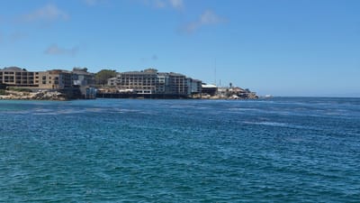 The image shows a wide view of the Pacific Ocean in Monterey, California, with large buildings situated along the coastline. The water is a deep blue with visible patches of kelp or seaweed floating on the surface. The buildings appear to be hotels or resorts, with multiple stories and balconies, constructed on the rocky shoreline. The sky is clear blue with a few scattered clouds. The overall scene depicts a coastal urban environment.