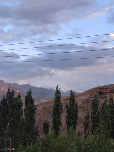 The image depicts a natural landscape with a mountain range and trees in the foreground. The mountains in the background are rugged and vary in color, with some peaks covered in snow. Several tall, slender trees are positioned in the foreground, creating a dense line of foliage. Overhead, power lines are strung across the frame. The sky is partly cloudy, with patches of blue visible. The overall scene suggests a rural or mountainous environment. The location is identified as Alchi, India.