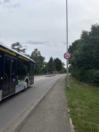 The image depicts a street scene in Breisach am Rhein, Germany. A black bus with yellow lettering that reads "umweltfreundlich ...einfach Tuniberg Express" is traveling on the right side of a paved road. To the right of the road is a sidewalk, a grassy area with some small white flowers, and a dense line of trees. A tall, thin metal pole with a circular speed limit sign displaying "30" in white on a red background is situated next to the sidewalk. A blue directional sign indicating a left turn is visible further down the road, near an intersection. The sky is overcast.