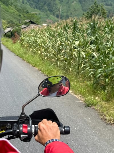 This first-person perspective image captures a scene from a motorcycle journey through a verdant, rural landscape, consistent with Minh Sơn Commune, Vietnam. The view looks forward from the rider's position, showing the right handlebar grip held by a hand adorned with a dark bracelet featuring white geometric patterns. The rider wears a red long-sleeved shirt.
The paved road runs alongside a steep embankment densely covered in lush, tall green vegetation, possibly agricultural crops like corn. In the distance, rolling green hills or mountains extend under a bright daytime sky, indicating sunny weather. A small, dark structure or shack is partially visible nestled among the greenery on the left side of the road.
The motorcycle's left rearview mirror offers a reflection of a passenger or second rider, who is also wearing a red shirt and a bright yellow-green vest or backpack. A small black action camera is mounted and visible within this reflection. The handlebar controls include a prominent red button and a gray switch, with indistinct symbols (one resembling a 'C' with a partial circle, another a triangle) visible nearby. The image is oriented sideways, suggesting a dynamic capture during the ride.
