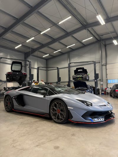 The image depicts the interior of a large, high-ceilinged automobile workshop or garage located in Meuspath, Germany. A matte light blue/grey Lamborghini Aventador SVJ Roadster, bearing the German license plate "GL PV 1," is prominently parked on a light gray concrete floor in the foreground, angled towards the right. The vehicle features black carbon fiber aerodynamic elements, red pinstriping along the side skirts and front splitter, and dark multi-spoke wheels with red center caps. Its black convertible soft-top is in place.
In the midground, to the left of the Lamborghini's rear, three adult males are visible. One individual in a light-colored shirt is partially obscured, another wears a yellow shirt, and a third, bald man with a white shirt is seen from behind, facing right. They appear to be observing the vehicles or conversing.
The workshop environment features an exposed metal framework supporting the roof, with white insulation panels and multiple active fluorescent tube lights. White corrugated paneling covers the walls. Several hydraulic vehicle lifts are present. On the left, a black Ferrari, identified by its taillights and rear profile, is elevated on a lift with its rear engine cover open. To the right, a second dark-colored sports car, possibly a Porsche, is elevated on another lift with its front hood open. A third dark-colored sedan, appearing to be a BMW, is partially visible on the floor at the far right, also with its hood open. A "Tier 2" sign is visible on a support pillar in the mid-right.