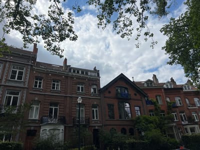The image depicts a street view in Ixelles, Belgium, characterized by a row of traditional red brick buildings. The architecture features ornate details, multiple stories, and numerous windows, some of which are arched. Several buildings display European Union flags on balconies. Lush green trees and foliage are prominent, with branches of trees extending into the frame from the top. The sky is a mix of blue and white clouds. The scene appears to be a residential street, possibly with some commercial establishments due to the signage and building styles. No people are visible in the image.