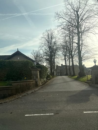 The image displays an asphalt driveway ascending towards a large stone manor house under a partially cloudy sky with two intersecting contrails. The scene is identified as the private driveway of Holcombe Manor in Holcombe Village, Ramsbottom, Bury, United Kingdom.
In the foreground, the asphalt driveway features a faded white dashed line. To the left, a stone retaining wall supports a dense, dark green hedge. A single yellow daffodil is visible blooming at the base of this hedge. A stone pillar, approximately chest-height, topped with a gas-style lantern lamp, marks the left side of the driveway entrance.
The driveway continues uphill, flanked on the left by the dense hedge and on the right by a grassy verge. A prominent row of tall, bare deciduous trees lines the right side of the driveway, casting elongated shadows across the asphalt. A matching stone pillar with a lantern stands on the right side of the entrance, mirroring the left.
In the background, at the top of the incline, stands Holcombe Manor, a substantial, multi-story building constructed of light-colored stone. Numerous windows are visible across its facade. The trees in the midground and background are bare, suggesting late winter or early spring. The sky overhead is a pale blue with scattered white clouds. No individuals, animals, or vehicles are present in the scene.