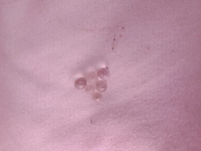A cluster of seven translucent, spherical beads, varying slightly in size, is arranged in a roughly triangular pattern on a pink, textured fabric surface. The beads are clustered centrally in the frame, with three beads forming a top row, and four beads below them. Some of the beads appear to be slightly damaged or imperfect. The fabric exhibits a fine ribbed texture. The background is a uniform pink color with subtle variations in lighting. There are a few small, dark specks scattered on the fabric to the upper right of the bead cluster, and a single thin, dark line slightly below and to the left of the cluster. The image appears to be taken indoors, under artificial light, with no external environmental context provided. The location of Inhulo-Kamianka, Ukraine is not depicted in the image.