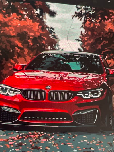The image depicts a stylized, vibrant rendering of a red BMW M4. The car is centrally positioned and faces the viewer directly. Its headlights are illuminated, and the iconic BMW kidney grille is prominent. The vehicle is situated on a road covered with fallen leaves in shades of pink and brown, suggesting an autumnal setting. Flanking the car, the background features a dense canopy of trees with leaves in varying shades of red and orange, interspersed with patches of pale grey sky. The artistic style is characterized by bold, blocky colors and distinct outlines, resembling a painting or digital artwork. There are no people visible in the image. The scene is not identifiable as being in Paczkowo, Poland, or any specific city.