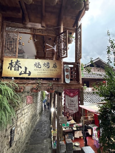This image captures a multi-level, narrow street scene in Gongtan, China, under an overcast sky. The foreground is dominated by a weathered wooden structure with exposed beams and intricate lattice windows. A large, horizontal golden-brown sign affixed to this structure reads "椿山 烧烤店 SHAO KAO DIAN" (Chunshan Barbecue Restaurant) in both Chinese characters and Pinyin, with appended business hours (10:30-12:30) and a phone number (19102375293). Visible through an open window above the sign are decorative hanging gourds and a white ceiling fan. To the right of the main sign, a vertical white sign with blue characters reads "咖啡" (Coffee).

Below the main structure, a wet, dark stone-paved alleyway descends from the foreground. The left side of the alley is bordered by a tall, rough-hewn stone wall, adorned with green ferns growing along its top edge. Several potted plants hang from wooden beams spanning the alley. Further down the alley, two individuals are visible; one holds a light-colored umbrella, walking away from the camera.

To the right of the alley, at a lower elevation, an open-air food preparation area or stall is active. A person in dark attire with a pink apron is visible among multiple tables and counters laden with bowls, fresh vegetables, and cooking equipment. A red and white banner with Chinese characters hangs above this area. In the background, traditional Chinese tiled roofs and additional wooden buildings are discernible, surrounded by green foliage on the far right.