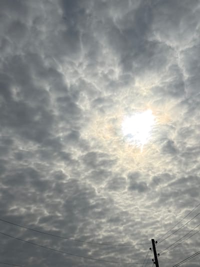 A dramatic sky filled with textured gray clouds, partially obscuring the sun, dominates the scene. Light filters through the clouds, creating a hazy glow. In the upper right corner, electrical wires and a utility pole are visible against the cloudy backdrop. The overall impression is one of impending weather and diffused light.