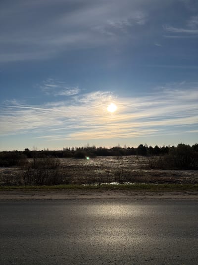 The image depicts a landscape scene, possibly near or in Vorob'evo, Russia. A road occupies the right side of the frame, its surface dark and reflective. To the left of the road is an area with low vegetation and possibly wet or flooded ground. Further left, a tree line marks the horizon. The sky takes up a significant portion of the frame, displaying a clear blue color with streaks of cirrus clouds radiating from the sun. The sun is positioned prominently, appearing bright and slightly diffused by the clouds. There are no people visible in the scene. The interaction between the natural elements (sun, clouds, water) and the man-made road suggests a rural or semi-rural location.