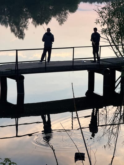 Two individuals are fishing from a concrete pier extending over a body of water, likely a river or lake. The sun is low in the sky, casting a soft, diffused light and creating reflections on the water's surface. The pier has a metal railing. One person, silhouetted, stands facing away from the camera, holding a fishing rod. The other person, also silhouetted, stands facing towards the camera, with a fishing rod in hand. Their reflections are clearly visible in the water below. The environment appears natural, with trees visible on the far bank, their reflections also mirrored in the water. The scene suggests a peaceful, recreational activity at dusk. The location provided, "Kamysh, Russia," is not visually ascertainable from the image itself.