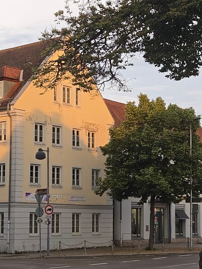 This media file captures an exterior view of a building facade in Ansbach, Germany, on a clear day, likely in the late afternoon or early evening, as indicated by the warm, golden sunlight casting long shadows. The scene is dominated by a large, mature tree with dense green foliage, its branches partially obscuring a pale yellow building. The building features multiple stories with numerous rectangular windows, many of which are illuminated, suggesting interior activity.
Adjacent to the yellow building is a lighter-colored, multi-story structure with a modern facade, also featuring several windows and balconies. A paved road runs alongside the buildings, marked with white lines. Several street signs are visible. One sign displays a truck with a red circle and a diagonal line, indicating a restriction for trucks. Another sign shows "22-6h," likely referring to a time restriction. A circular sign with a blue cross on a white background is also present. A smaller sign reads "HOTEL REPPENBAUM." A horizontal sign in the yellow building's facade reads "office people."
The overall impression is one of a quiet urban street scene, bathed in the soft light of the setting sun. The presence of trees suggests a well-established neighborhood. The absence of visible people means no specific activity or event involving individuals can be determined. The image's orientation is vertical, with the top of the frame showing the sky and the tops of trees.