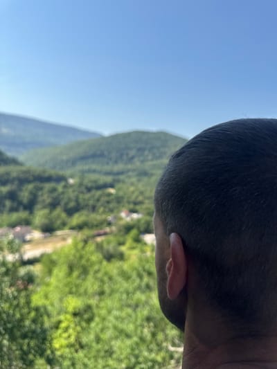 The image is a close-up, slightly angled shot of the back of a person's head and ear, with a blurred, distant mountainous landscape in the background. The person's dark hair is visible, with some lighter strands mixed in. The ear is a light pinkish color. The background shows a steep, tree-covered mountain slope under a clear blue sky, suggesting a sunny day. The blurred elements in the mid-ground and background hint at buildings or structures nestled within the greenery, possibly indicating a village or a resort area. The orientation of the image is such that the sky is on the left and the landscape is on the right, with the person's head occupying the top right portion. The focus is primarily on the person's head and ear, with the landscape serving as a backdrop. No text is visible in the image. The overall impression is one of a person looking out at a scenic view, possibly from an elevated position. The lighting suggests it is daytime, likely mid-morning or afternoon given the brightness of the sky and the illumination of the landscape.