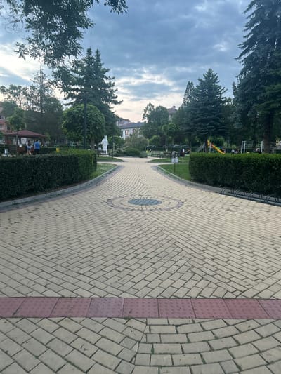 The image depicts a serene public park or garden in Dzhebel, Bulgaria, seen along a gently curving paved pathway. The path is constructed from light-colored rectangular pavers laid in a herringbone pattern, featuring a circular decorative inlay of darker blue and light pavers in the mid-ground. Along the right edge of the path, there is a continuous strip of reddish-purple textured tactile paving.
Lush green hedges line the pathway, separating it from grassy areas and numerous mature trees, including tall conifers and various broadleaf trees that frame the sky. In the distance, beyond the foliage, residential-style buildings are visible, suggesting an urban or semi-urban setting.
Several people are present, though mostly indistinct. On the left side, behind the hedge, a children's playground with yellow and red equipment is visible. Further along the path, individuals are seated on benches, one group under a wooden gazebo-like structure. Grey metal bicycle racks are installed along the path's edge near the benches. A white statue also stands amidst the greenery on the left.
The sky is partly cloudy with a soft, diffused light, indicating either late afternoon or early evening. The overall atmosphere appears peaceful and calm. A small white sign with an illegible symbol is faintly visible near a bench.