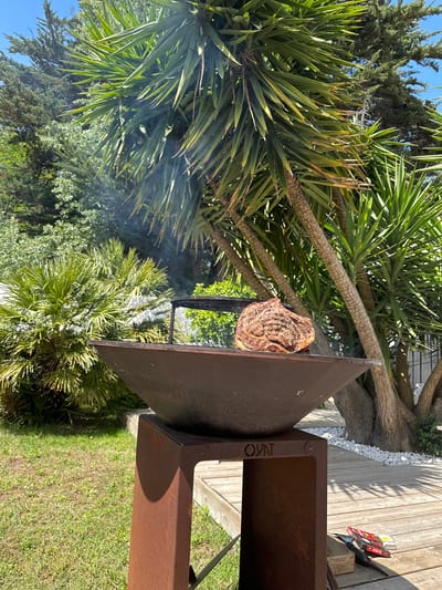 The image shows a steak grilling on an outdoor grill. The grill is brown and box-shaped with the letters "OYM" visible on the side. Smoke is rising from the grill. The surrounding environment includes greenery such as palm trees and other bushes and trees. The ground is covered with grass. In the background, there is a wooden deck with white pebbles along its edge. A box of matches is on the deck.
The photograph was taken in La Couarde-sur-Mer, France.