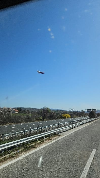 The image, captured from inside a vehicle, presents a scene along a multi-lane roadway under a clear blue sky in Petrovec, North Macedonia. A white commercial passenger jet with blue/purple livery on its tail and underside is visible in the upper left sky, appearing to be in ascent or descent. The immediate foreground shows a paved road with a white solid edge line on the right. To the left of this, a multi-rail silver metal guardrail separates the primary road from a parallel, lower paved section marked with white dashed lines. Between the guardrail and the distant horizon, vegetation consists of green grass, leafless trees, and a distinct patch of bright yellow flowering bushes. In the middle distance, a light-colored building with a reddish-brown tiled roof is visible to the left. Rolling hills or mountains form the distant background. No people are discernible in the frame.