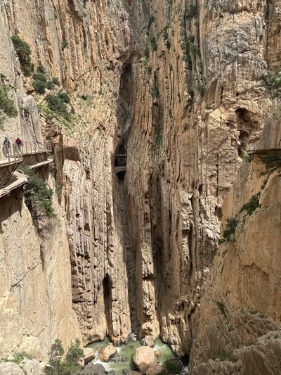 This image captures a dramatic view of a deep gorge, likely the Caminito del Rey in Ardales, Spain, showcasing towering, layered rock formations. The prominent features are the rugged, light brown and tan sedimentary rock walls that rise steeply, punctuated by horizontal strata. Sparse green vegetation, including shrubs and vines, clings to various crevices and ledges across the rock face.

In the lower right portion of the image, a vivid greenish-blue river or stream flows through the bottom of the gorge, with visible rapids and whitewater indicating its movement. Built into the cliff face, a series of wooden pathways or boardwalks with metal railings provide access. One section of this pathway is visible in the lower left, where two individuals are present. One person wears a red jacket, and the other a dark jacket and helmet, both appearing to be hikers or tourists traversing the path.

Towards the center of the image, further along the cliff, another section of the pathway leads into a dark, tunnel-like opening carved into the rock, with a metal grate or structure visible above it. The scene is brightly lit by natural sunlight, suggesting a clear day, possibly late morning or early afternoon, with shadows highlighting the contours and depth of the gorge. The vast scale of the rock formations dwarfs the human figures and the man-made structures, conveying a sense of adventure and natural grandeur. No visible text is present in the image.