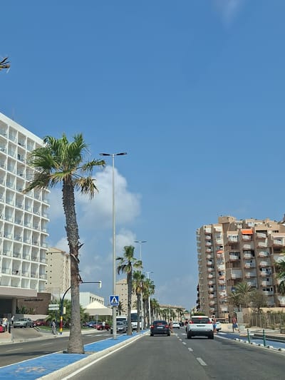 The image depicts a street scene in the city of San Javier, Spain, likely near the coast. A multi-story white hotel, characterized by numerous balconies, dominates the left side of the frame. To the right, a tall, multi-story building with a beige facade and numerous balconies is visible. Palm trees line the street, some appearing mature and tall, others shorter. The road itself is paved and features blue-painted lanes, possibly for cyclists or pedestrians. Several vehicles are on the road, including cars and a bus. Pedestrians are also present, some walking along the sidewalk and others crossing the street. A pedestrian crossing with a blue sign indicating a crosswalk is visible. The sky is clear blue with some white clouds. The overall impression is a sunny day in a developed urban area, likely a tourist destination.