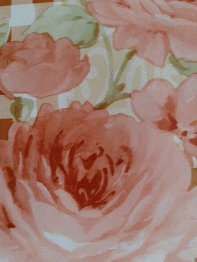 This is a close-up, overhead shot of a floral pattern on fabric. The pattern features several large, stylized roses in shades of pink and coral, interspersed with green leaves and a checkered background in muted yellow and brown. The texture of the fabric is visible, with a slight grain and the appearance of a watercolor or painted design. There are no people, animals, or any elements that would indicate a specific location in Yuryung-Kyuyol, Russia, or any other city. The image is purely decorative.