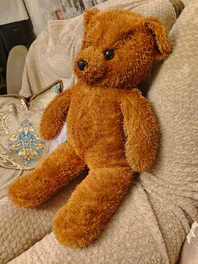 A fluffy, brown teddy bear is positioned on a beige, textured couch. The bear is facing the right side of the frame, with its head tilted slightly upwards. It has black button eyes and a dark nose. To the left of the bear, a decorative pillow with an ornate pattern in blue and gold is visible. The background consists of the couch and other soft furnishings, suggesting an indoor setting. There are no people or specific actions depicted in the image. The location in the city of Goryachevodsky, Russia, is not indicated by any visual cues in the photograph.