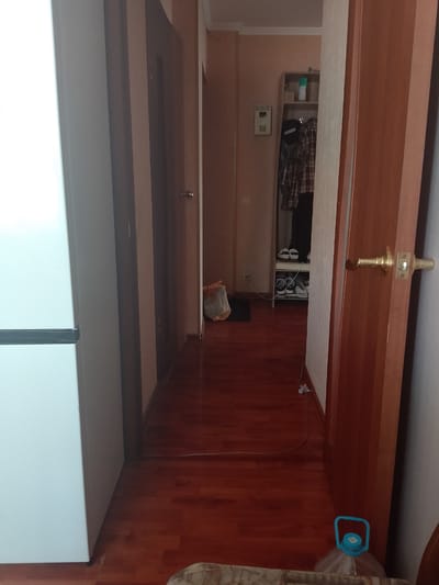 This is a medium-angle, eye-level interior shot of a hallway in what appears to be a residential apartment in Otradnaya, Russia. On the left side of the frame is a large, white appliance, likely a refrigerator, which takes up a significant portion of the left edge. To the right of the appliance is a closed door. The hallway continues to the right, with a wooden floor and beige walls. Further down the hallway, on the right, is an open doorway leading to a room. In this room, a light-colored shelf unit is visible, containing various items including clothing and shoes. A clear plastic bag with contents is on the floor in the hallway near the opening. On the right side of the frame, a wooden door with a brass doorknob is partially open, revealing a glimpse of a gray wall. At the bottom right of the image, a large clear plastic bottle with a blue handle and cap is situated on the floor. The lighting in the scene is dim, suggesting indoor illumination. There are no people visible in the image.
