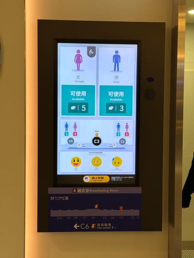 A digital information display is presented vertically within a dark frame, mounted on a wall in an indoor public space, specifically on the 3rd Floor of Terminal 2 at Taiwan Taoyuan International Airport in Taoyuan City, Taiwan. The screen displays real-time public restroom availability: "Female" shows 5 "Available" stalls, and "Male" shows 3 "Available" stalls, alongside an accessible toilet icon. Below this, a map section indicates the current location as "C3 Here," with nearby restrooms at "C4" (1 minute away, showing 3 male, 5 female available) and "C2" (2 minutes away, showing 3 male, 5 female available). A "Toilet use satisfaction survey" section features "Good," "Average," and "Unsatisfactory" emoji options. A "Call Center" button is also visible. The bottom section of the display presents a facility map, labeling "3F Terminal 2 C區" and indicating a "Breastfeeding Room" and "FREE DIAPERS" available at "C6," with other gates (C1-C10) marked. A subtle vertical light strip illuminates the left side of the display frame. A speaker grille is integrated into the right side of the screen's frame. A person wearing dark clothing is partially visible on the far right edge of the image.