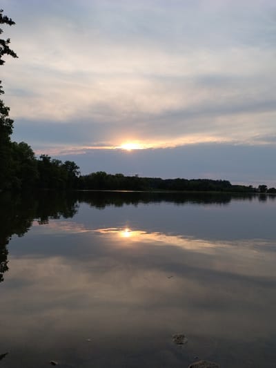 This is a vertical, wide-angle shot of a lake at dusk, likely taken in Kestřany, Czechia, as suggested by the provided context. The sun is setting behind a strip of clouds, casting a warm, golden glow on the sky. The water of the lake is calm, reflecting the sky and the tree line on the opposite shore. The foreground shows a few rocks and debris on the lakebed, partially submerged. The left side of the image is dominated by the dark silhouette of a tree and dense foliage. The overall mood is serene and peaceful, characteristic of a natural landscape at twilight. There are no people or animals visible in the frame.