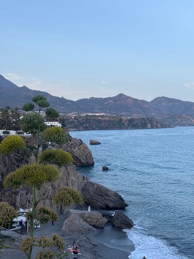 The image depicts a coastal scene in Nerja, Spain, likely during the late afternoon or early evening given the soft lighting and clear sky. The scene is a picturesque view from a rocky cliff overlooking the Mediterranean Sea.

The foreground is dominated by the distinctive, spiky foliage of an Agave plant, its green flower stalks reaching upwards. Below the plant, the rocky shore meets the tranquil, blue water, with small waves gently lapping at the dark sand beach. Several large, weathered rocks are scattered along the coastline, adding to the rugged natural beauty.

In the middle ground, a small town with white-washed buildings is nestled along the hillside, backed by dramatic, rugged mountains that rise in the distance. The settlement appears to be a part of the coastal landscape, with structures blending into the terrain.

On the beach, a few people are visible. One group is gathered on towels, appearing to relax or sunbathe. Further down the beach, a small tent or canopy suggests a beachside establishment, with a few more individuals milling about or seated. The overall atmosphere is one of peaceful relaxation and natural beauty. The clear sky suggests fair weather. No text is visible in the image.