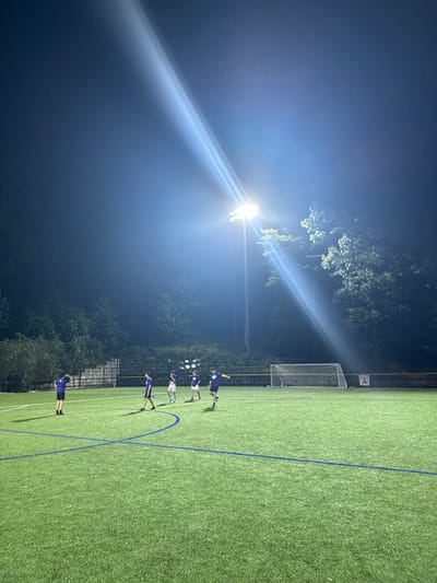 The image depicts an artificial turf sports field illuminated at night in the city of Newton, United States. Five male individuals, dressed in dark purple athletic shirts, are present on the green playing surface, which is marked with blue and white lines. A powerful stadium light, centrally positioned in the upper frame, casts a bright beam downwards, illuminating the field. A white soccer goal is visible on the right side of the field. The background features dark trees and a concrete retaining wall. The individual on the far left stands with hands touching their head. The individual furthest right is captured in a dynamic pose, with their right arm extended backward and right leg lifted, indicative of a kicking motion. The three central figures are standing or walking on the field. No soccer ball is explicitly visible.