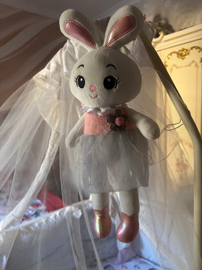 A white stuffed bunny rabbit with pink insides of its ears is lying on its back. It is wearing a light blue, sheer, layered dress with a pink underskirt. A small, dark gray flower with a pink center is attached to the chest of the dress. The bunny has large, black eyes, a black curved mouth, and pink rosy cheeks. Its ears are long and floppy. The bunny is draped in sheer white netting, which is gathered and draped around it. The background is softly lit and appears to be a bed or crib with a decorative, ornate headboard in the upper left corner. The overall scene is gentle and whimsical, suggesting a nursery or a child's room. The lighting is warm and diffused. No text is visible. The location context is Dzhalgan, Russia.