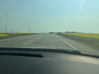 This image depicts a view from inside a vehicle traveling on a two-lane highway through a rural landscape. The highway is paved with yellow and white lane markings. On either side of the road, vast fields of yellow flowers, likely canola, stretch to the horizon. Power lines and poles are visible along the roadside. In the distance, a dark-colored sedan is driving in the same direction. The sky is a clear, pale blue, with some minor smudges or dirt on the windshield. The scene appears to be on a bright, sunny day. While the exact location is not explicitly stated within the image, the presence of canola fields and the general landscape are consistent with rural areas of Alberta, Canada, such as the city of Chestermere, which is known for its agricultural surroundings.