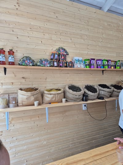 The image shows a wooden wall with shelves displaying various products. On the top shelf, there are two glass jars filled with a red liquid and labels that say "НАШ". Next to them are several small dark packages, likely tea or spices, arranged in piles. Further to the right, there are multiple small colorful pouches with similar contents, predominantly green, purple, and blue.

The middle shelf has two large, light brown burlap sacks filled with a light brown granular substance, possibly dried herbs or tea leaves. To the left of these sacks, there are two smaller clear plastic bags containing a lighter brown powder. There are also two white paper cups and an orange pen on this shelf.

The bottom shelf features four more burlap sacks, each filled with a different type of loose material. From left to right, these appear to be a light green granular substance, dark green leaf-like material, a darker granular substance, and a very dark, almost black material. A black container is placed on this shelf between the second and third sacks. An electrical outlet with a black cord is visible on the wooden wall below this shelf.

The scene is set in a market or shop with a rustic wooden interior. The overall impression is that of a vendor stall, likely selling agricultural products or artisanal goods. The image is taken from a slightly elevated perspective, looking across the display shelves.