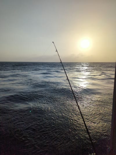 The image captures a serene ocean scene at sunrise or sunset, viewed from a boat, likely near Ussangoda, Sri Lanka. A fishing rod extends diagonally from the lower right towards the center of the frame, its line taut and disappearing into the distance. The sun, a bright orb, hangs low in the sky, casting a shimmering golden reflection on the gently rippling water. The sea is a deep blue, transitioning to a lighter hue near the horizon, where a subtle band of clouds can be observed. The overall impression is one of tranquility and the quiet anticipation of a fishing expedition.