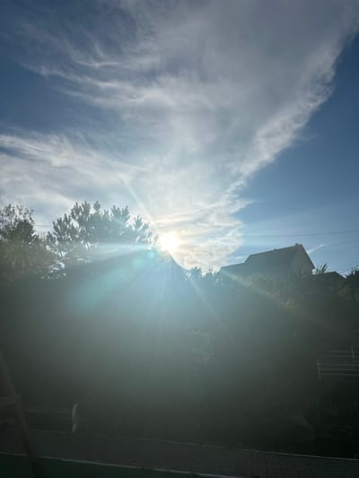 This is a photograph taken outdoors in the city of Danilovka (Altai), Russia. The image is dominated by a bright sunburst in the upper center, casting strong rays across the scene and causing lens flare. In the foreground and midground, silhouetted trees and foliage obscure much of the detail, though a portion of a house is visible on the right side, with a pitched roof. Power lines are visible stretched across the sky. The sky is blue with wispy, white clouds. The lower portion of the image shows a paved area and what appears to be a dark lawn or shadow-covered ground. The overall impression is of a sunny day, possibly late afternoon, with the sun low enough to create a dramatic lighting effect.