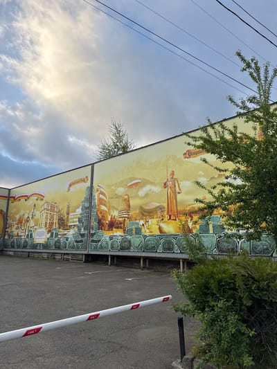 The image depicts a large mural on a building in Akhieli, Georgia. The mural features scenes of the city, including historical figures, architecture, and landmarks, set against a backdrop of mountains. The mural is bordered with a stone-like pattern. Overhead power lines are visible against a cloudy sky. A gate arm with "CAME" logos is located on the right side of the image in front of an asphalt parking lot. Green foliage partially obscures the mural.