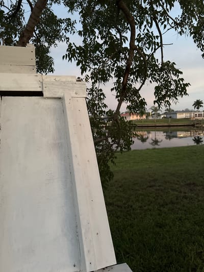 The image shows a close-up view of a white wooden structure in the foreground, possibly part of a building or a fence, with a tree and its branches extending into the frame from the left and top. Beyond the structure and tree, a body of water, likely a canal, is visible, reflecting the sky and palm trees. On the far side of the water, residential buildings with light-colored walls and roofs can be seen, typical of a suburban or coastal setting. The sky is overcast with a hint of pink and blue, suggesting it is either sunrise or sunset. The overall environment appears to be a residential area in North Port, Florida, characterized by its canals and tropical vegetation. No people or animals are present in the image.