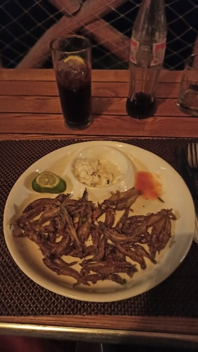 This top-down image captures a casual dining scene, likely during the evening due to the low, warm lighting. The central focus is a white oval plate laden with a generous portion of small, crispy-fried fish, possibly whitebait or kapenta, a common fish in Rwanda's lakes. Accompanying the fish on the plate are two distinct sauces: a creamy white dip, likely mayonnaise or tartar sauce, and a bright orange-red sauce, possibly a chili or hot sauce. A fresh lime wedge is also placed on the plate, presumably for squeezing over the fish.
To the left of the main dish, on a light brown wooden table, several beverages are arranged. Two classic glass Coca-Cola bottles, one appearing empty and the other partially full, are resting horizontally. Below them, a tall glass contains a dark beverage, perhaps cola or iced tea, with ice cubes and a visible lemon slice. The table is partially covered by a dark, textured placemat. In the upper left background, a dark, crisscross or netted structure is faintly visible, suggesting an outdoor or semi-open-air setting, consistent with a relaxed restaurant or bar environment in Bwishyura, Rwanda. No legible text is visible in the image.