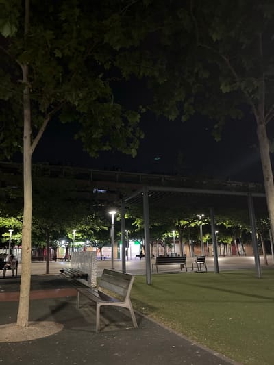 At night, a scene in Torrent, Spain reveals a partially illuminated outdoor space. Metal benches line a paved path alongside a patch of artificial turf, with trees bordering a dark body of water. Overhead, a metal pergola structure spans the area, and streetlights cast a glow on the surroundings. Pedestrians are visible in the distance near establishments with lit signs. The darkness of the night sky and the water contrasts with the lights of the city.
