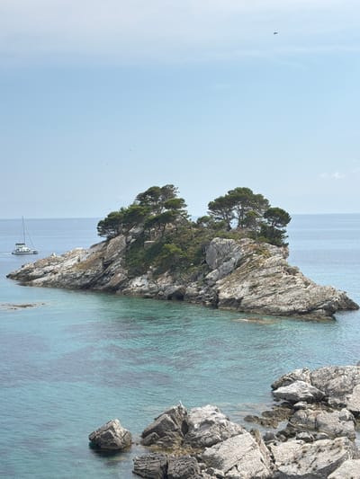 A scenic, vertically oriented, eye-level shot captures a rocky island with trees jutting out into a calm, turquoise sea. The island is the primary subject, with its craggy, grey rock formations covered in dense green foliage and pine trees. The water is clear, revealing the rocky seabed below in shades of blue and green.
To the left of the island, a sailboat with a white hull and a single mast is anchored in the clear water. The sky above is a pale, overcast blue, with a few small clouds visible. A single bird is visible in flight in the upper left quadrant of the image. The scene suggests a peaceful, natural setting, likely in a coastal area given the presence of the island, sea, and rocky shores. The lighting is soft and diffused, indicating it could be morning or late afternoon on a cloudy day.
There is no visible text in the image. The location is identified as Stupovi, Montenegro. The overall impression is one of serene natural beauty and tranquility.