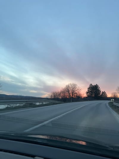 The scene depicts a rural road at dusk or dawn, observed from the interior of a vehicle near Palamartsa, Bulgaria. The road is asphalt, two lanes wide, marked by a solid white center line, and appears damp or reflective, curving right into the distance. A metallic guardrail borders the left side of the road, behind which a body of water is visible, reflecting the sky. Distant hills or mountains line the horizon to the far left. The right side of the road is flanked by bare deciduous trees and dark evergreen conifers. The sky occupies the upper two-thirds of the image, presenting a gradient from light blue at the zenith, transitioning through shades of grey and pink, to a prominent orange and red hue near the horizon, indicative of a sunset or sunrise. Crepuscular rays are visible, fanning upwards from the lower sky on the right. A vehicle with illuminated headlights is visible on the distant curve of the road to the far right. No individuals are discernible. The lower foreground shows the top of a vehicle's dashboard and a reflection on the windshield.