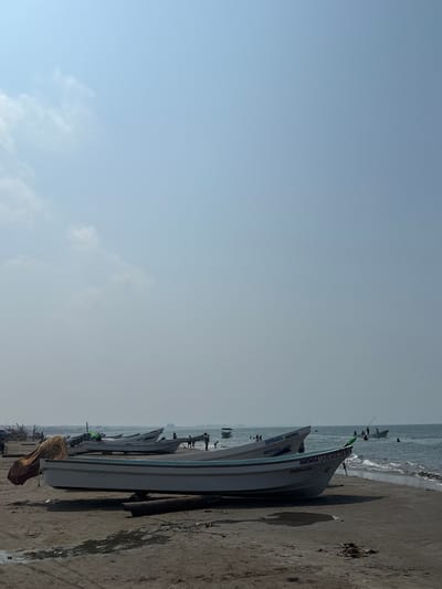 The image displays a coastal scene in Antón Lizardo, Mexico, under a clear, pale blue sky with minimal scattered clouds. The foreground and midground feature a sandy beach with visible tire tracks and sparse organic debris. Multiple small, open motorboats are beached on the sand. The closest boat, light blue and white, is labeled "IMEMSA LA REVOLUCION" and "JD0938 M-1" on its bow, resting on two horizontal wooden skids. Immediately behind it, another similar boat carries the inscription "ESPERANZA IMEMSA" and "30030472122." A brown, possibly netted, object is draped over the bow of a boat partially visible on the far left.
In the midground, several individuals, their features indistinct due to distance, are visible standing near the water's edge. The ocean, characterized by small waves breaking on the shore, occupies the right side of the frame. Multiple people are engaged in swimming or wading in the water. Further offshore, one individual is seated in a small boat, holding a long, thin object consistent with a fishing pole. Distant, indistinct structures are faintly visible on the horizon line to the far left. The scene is illuminated by bright, direct sunlight.