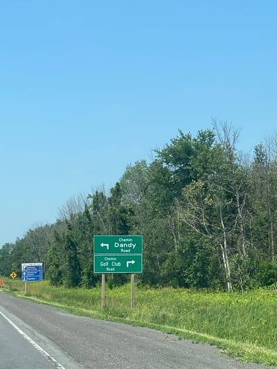 The image shows a road scene in East Hawkesbury, Canada, with a clear blue sky overhead. On the right side of the road, two green road signs are mounted on wooden posts. The top sign indicates "Chemin Dandy Road" with an arrow pointing to the left. The bottom sign indicates "Chemin Golf Club Road" with an arrow pointing to the right. Further down the road on the left, another blue sign displays "Prescott-Russell" at the top, followed by destinations like "Hawkesbury Golf & Curling," "Vankleek Hill Vineyard," and "Popsilos," each with corresponding directional arrows. The road surface is asphalt, and the surrounding area is characterized by lush green grass and a dense forest with a variety of trees. The overall scene depicts a typical rural or semi-rural road environment with clear signage for local attractions and roads.