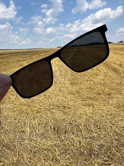 In Slivo Pole, Bulgaria, a hand holds a pair of dark-lensed sunglasses against a backdrop of a harvested wheat field under a bright, cloudy sky. The sunglasses are black-framed and rectangular, with a slight tint to the lenses that reflects the golden straw-covered ground and the distant tree line. The field is mostly flat, with cut stalks of wheat littering the surface. The sky is a vibrant blue, dotted with fluffy white clouds. The overall impression is one of a rural summer day.