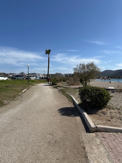 This bright, sunlit image captures a coastal scene in Anatoliki Attiki, Greece, on a clear day, likely morning or early afternoon given the strong shadows. The upper portion of the frame is dominated by a vibrant blue sky with sparse, wispy white clouds.

Below the sky, a calm body of water, presumably the sea, meets a sandy beach, with distant mountains rising from the horizon. Along the edge of the beach, a few trees with bare branches are visible, suggesting late winter or early spring, alongside a dense, rounded green bush.

A paved pathway or road stretches from the foreground into the distance, running parallel to the coastline. A concrete curb separates the path from a strip of grass and sandy ground, with a section of a brick wall visible in the bottom right corner.

A tall, slender palm tree with a green frond canopy stands prominently in the middle-left. Further along the pathway, several street lamps illuminate the area. A parking lot filled with various cars is situated behind the palm tree and lamps. A small, dark figure, possibly a person, is faintly visible near the base of the palm tree, by the parked vehicles.

The scene conveys a sense of peaceful leisure at a seaside promenade. There is no visible text.