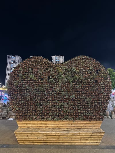 In Eshan Yi Autonomous County, China, an artistic display features a large, heart-shaped structure covered in numerous small potted plants, primarily succulents. The display is illuminated by ambient city lighting at night. The structure is supported by a bench made of stacked bamboo logs. In the background, modern high-rise buildings are visible against the dark night sky. The scene appears to be in a public outdoor space, likely a plaza or park, with paved ground and some additional decorative elements on the sides. No people are visible in the frame.