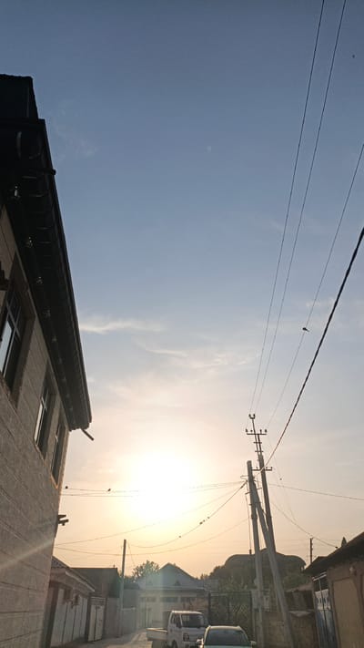 The image depicts a street scene in Navobod, Tajikistan, during what appears to be late afternoon or early morning, given the low angle of the sun. A building with a dark roof and windows is prominently featured on the left side of the frame, casting a shadow. Several utility poles with electrical wires crisscross the sky, with a few birds perched on them. In the background, there are other residential buildings, some with peaked roofs. A white truck and the front of another vehicle are visible parked on the street, suggesting a residential area. The sky is a clear, light blue with a few wispy clouds, and the sun is a bright, blown-out circle near the horizon, indicating a strong light source.