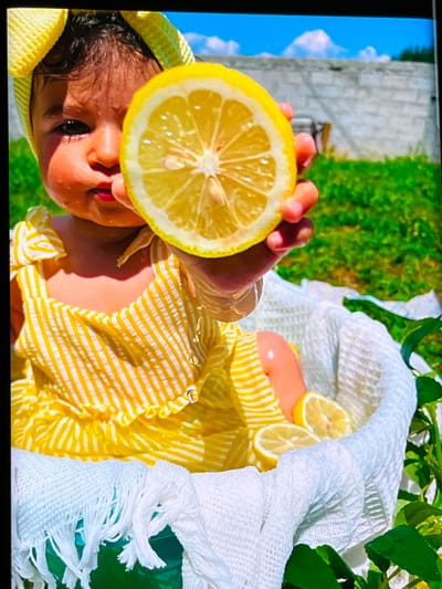 In a close-up, eye-level shot, a young child wearing a yellow and white striped dress and a matching yellow headband is partially obscured by a slice of lemon held in their hand. The child's face, particularly their left eye, nose, and mouth, is visible. The lemon slice, held near the child's face, is bright yellow with distinct segments and appears to be slightly wet, with a droplet of liquid visible.
The child is positioned within a white basket lined with a textured fabric and fringed trim. Several other lemon slices are visible inside the basket, along with some greenery, suggesting a setting related to fresh produce or summer activities. The background is a blur of green grass and a light-colored wall under a bright blue sky with white clouds, indicative of an outdoor environment. The overall lighting suggests it is a sunny day.
The image's composition focuses on the interaction between the child and the lemon, creating a summery and playful atmosphere. There are no discernible landmarks or elements within the image that would allow for specific identification of its location within Nijmegen, Netherlands.